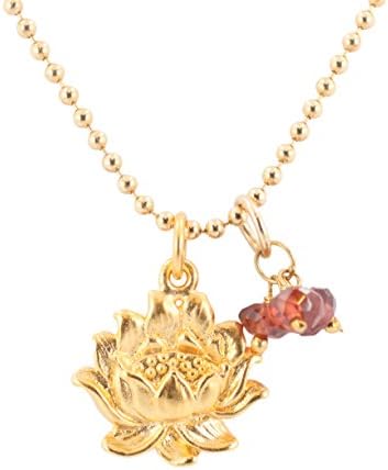 Detailed Lotus Flower in 24k Gold Plated Sterling with Garnet on 18 Inch Gold Fill Bead Chain