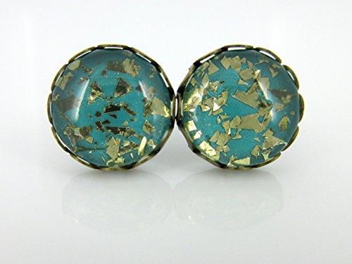 Antiqued Gold-tone Teal Blue Green Glitter Glass Stud Earrings Hand-painted 12mm - Thumbnail 7