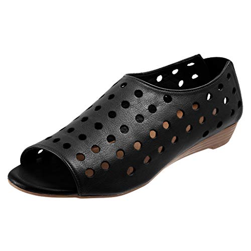 â˜…QueenBBâ˜… Women's Retro Hollow Out Open Toe Slip On Wedge Sandals with Elastic Band Black