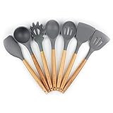 Silicone Kitchen Utensil Set By House Of Shade - Wooden Cooking Utensils W/Natural Beechwood Handles - BPA Free Grey Heads - 7 Piece Nonstick - Heat Resistant Tools - Attractive Wood Grip