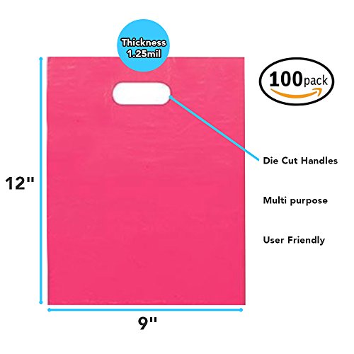 100 Pack 12" x 15" with 1.25 mil Thick Pink Merchandise Plastic Glossy Retail Bags | Die Cut Handles | Perfect for Shopping, Party Favors, Birthdays, Children Parties | Color Pink | 100% Recyclable