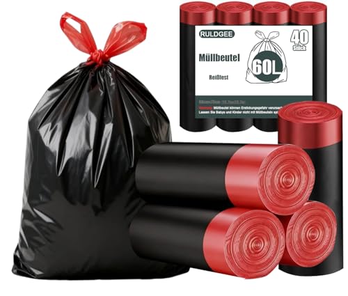 RULDGEE Bin Liners 60 L with Drawstring Pack of 40 Tear-Resistant Bin Bags Opaque Bin Bags Black Waste Bin