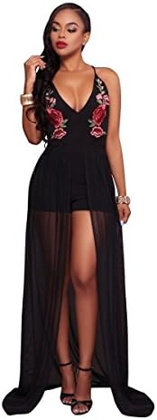 Felicity Young Women's V Neck Sleeveless Floral Maxi Dress Overlay Rompers Jumpsuit Playsuit