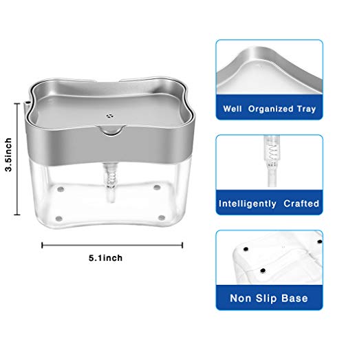 Aeakey Soap Pump Dispenser and Sponge Holder for Kitchen Sink Dish washing Soap dispenser 13 ounces (Silver)