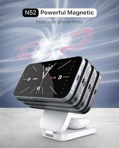 3 in 1 Wireless Charging Station for Apple,Foldable Magnetic Wireless Charger,15W Fast for MagSafe Charger Stand for iPhone 17/16/15/14/13,for Apple Watch,for AirPods