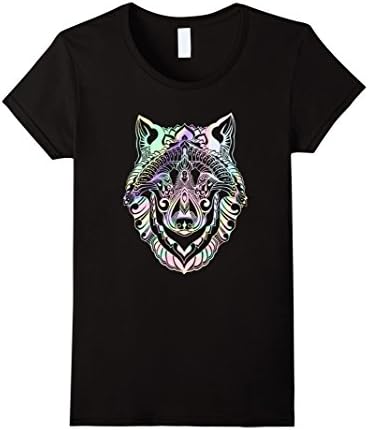 Womens WOLF ETHNIC TRIBAL T SHIRT HOLO EFFECT Medium Black