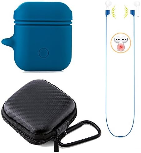 AirPods Case Set Shockproof Protective Silicone cover with 1 Anti-lost Strap, 1 Hooks and 1 Headphone Case for Apple AirPods (4 Pcs)-Blue