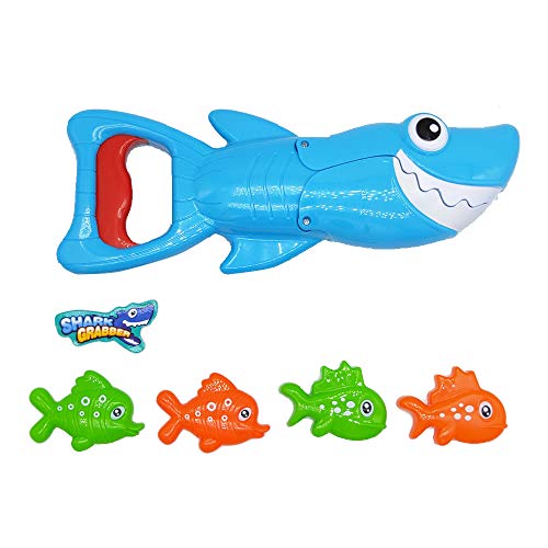 QICI Shark Grabber Bath Toy for Kids Toddlers Cute Blue Shark with Teeth Biting Action,4 Toy Fish Included