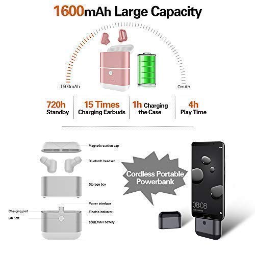 Zagzog Bluetooth Headphones Wireless V5.0 Noise-Cancelling Waterproof In-Ear Sport Earphones Portable Siri Support Built-In Mic Earbuds with 1600mah Charging Case and Powerbank for iOS Android