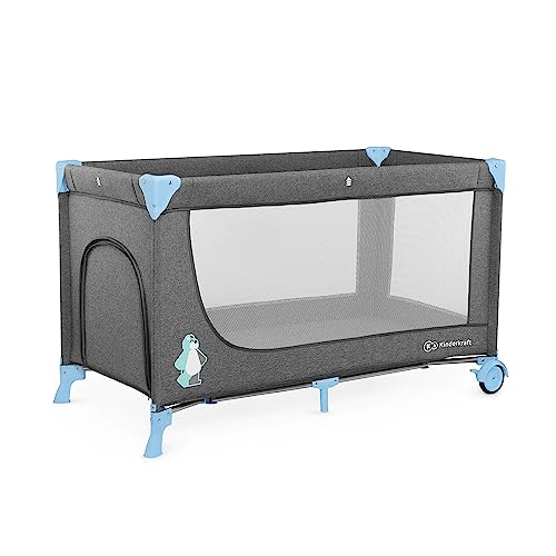 kk Kinderkraft JOY Cuna de viaje, Parque cuna bebé desde Nacimiento hasta 25 kg, Plegado rápido y fácil, Entrada lateral, Bolsa de viaje, Ruedas transportarás, Azul