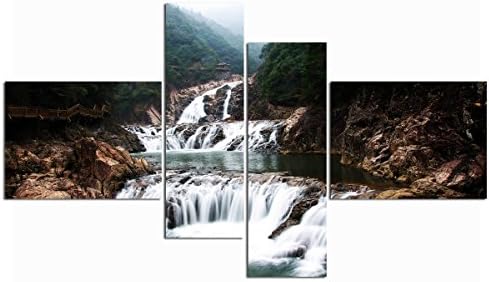 Modern Impressionist Sprayed Wall Art 4 Panles Picture Landscape Waterfall Framed Painting Canvas Living Room Home Decor(40x30cm2&amp;20x60cm2(Framed), Coffe)