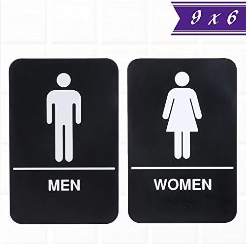 Set of 2 ADA Restroom Signs with Braille, Men/Women Restroom Signs - Black and White, 9 x 6-inches ADA Compliant Bathroom Signs Door/Wall by Tezzorio