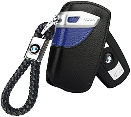 tcshamo Genuine Leather Key Case Leather key bag+ weave straps rope Key Holder For BMW 1 3 5 7 Series X3 X 4 Car Styling holder bag Remote Fob (Black blue)