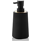 Small Soap Dispenser for Bathroom and Kitchen, Modern Farmhouse Striped Style Plastic Hand Soap Dish Soap Dispenser with Bamboo Decor Black