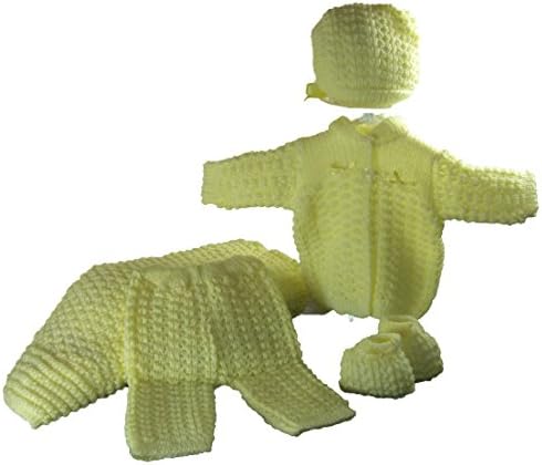 5 Pcs Knit Crochet Unisex Baby Set Blanket, Pants, Sweater, Bonnet, Booties, Size 0-3mo (Yellow)