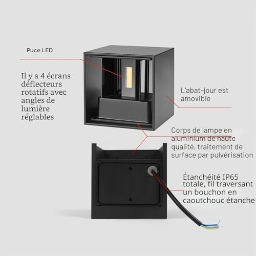 4 Pcs Applique Murale Exterieur/Interieur LED Lampe Murale Extérieures Moderne Noir 6W 3000K Lumière Chaude IP65 étanche applique carré aluminium angle de faisceau réglable