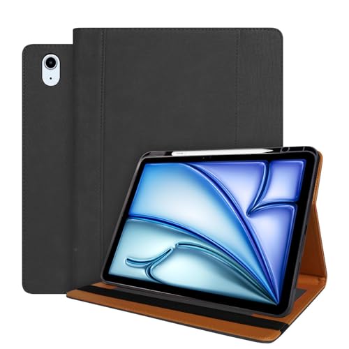 World biz Lederhülle für iPad Air 13 Zoll Hülle M3/M2 (2025/2024), Premium Leder Multi-Angle Viewing Stand Cover mit Stifthalter & Kartenfächern, Auto Sleep/Wake, Schwarz
