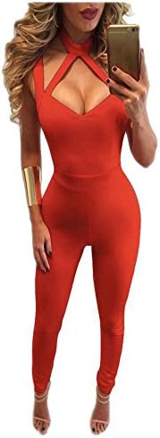 CutyKids Womens Bodycon Jumpsuit Romper Halter Plunge Bodysuit Catsuit Orange M