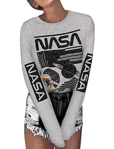 SCX NASA Space Long Sleeve Shirt for Women Tunic Tops Blouse Casual T Shirt Fit Tee (US M, Grey)