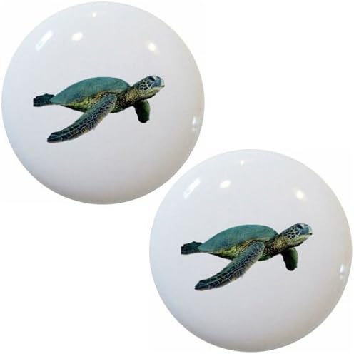 Set Of 2 Green Sea Turtle Ceramic Cabinet Drawer Pull Knobs