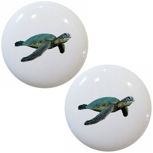 New Set Of 2 Green Sea Turtle Ceramic Cabinet Drawer Pull Knobs