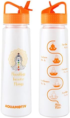 Aquamotiv Flip Straw 30 oz Inspirational Water Bottle + Goal Time Tracker + Motivational Quote - BPA Free - Orange