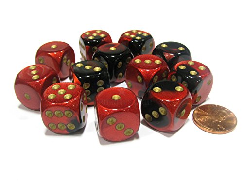 Chessex Dice d6 Sets: Gemini Black & Red with Gold - 16mm Six Sided Die (12) Block of Dice