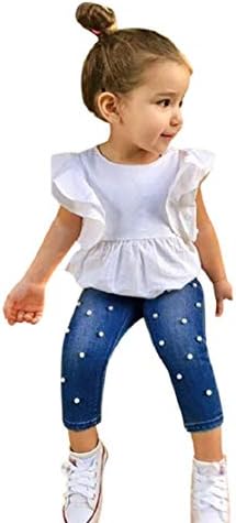 Toddler Tops+ Denim Pants, 2PCS Kids Baby Girls Outfits Solid T-Shirt Pearl Jeans Set, MITIY