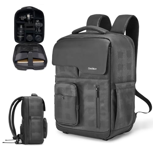 Cwatcun Waterproof Camera Backpack PU Leather Camera Bag with Tripod Holder, 14
