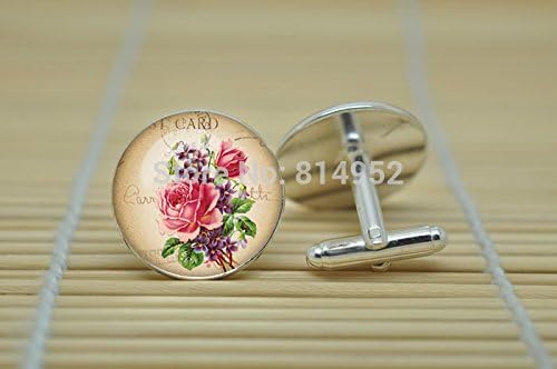 Pretty Lee Rose Jewelry Ephemera French Flower Cufflinks In Silver Glass Cabochon Cuff Links C1492