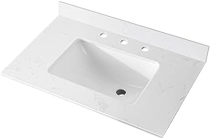TONYRENA 30 in. W x 18.5 in D Engineered Stone Vanity Top, with Undermount Assembled Middle Sink, Pre-Drilled Widespread Faucet Holes Countertop with 4 in. H Backsplash