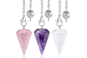 DUQGUHO 3 Pcs Crystal Pendulums Set for Divination Dowsing Natural Amethyst Rose Quartz Clear Quartz Healing Crystal Quartz Reiki Gemstone Pendants Witchcraft Wiccan Accessories