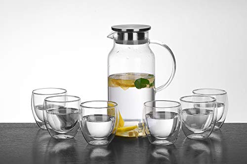 Cupwind 55 Ounce Glass Pitcher with Stainless Steel Lid, Hot/Cold Water Carafe with Handle, Juice and Ice Tea Pitcher x Set of 6 Glass Beer Drinks Cups 8.5 Ounce x Serving Tray
