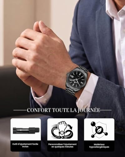 Montre Homme Affaires Analogique: Acier Etanche Montres avec Aiguilles Lumineuses Date - Cadeau Anniversaire pour Travail Business Hommes Design Intemporel - Noir