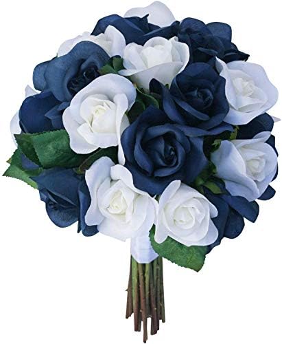 Navy Blue & Ivory Garden Stem Roses- Fake Flower Bouquet - Silk Wedding Flowers -Artificial Wedding Bouquets (Large)