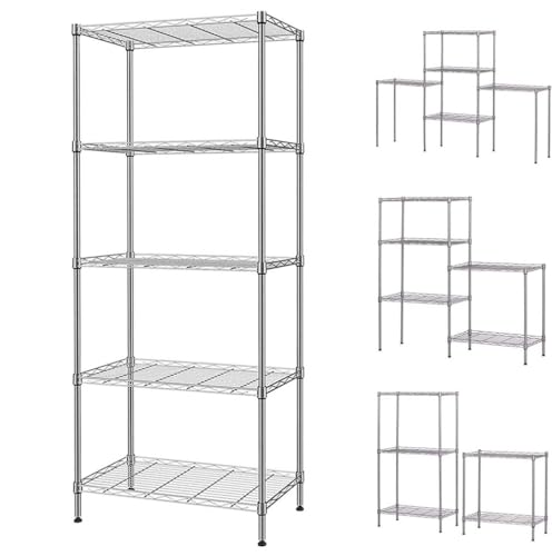 5-Tier Wire Storage Shelving Rack Unit for Home Bathroom Kitchen, BEONE 5 Shelves DIY Unit Metal Kitchen Storage Rack, Silver, 55x30x150cm (5 Tier, Silver)