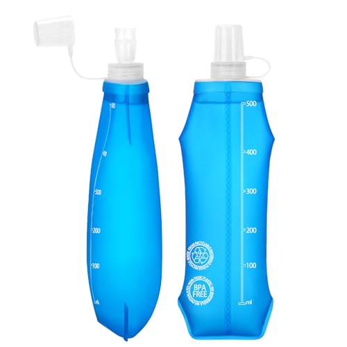 Euqvunn 2 Pcs Soft Water Bottle - BPA Free TPU 500ML Reusable Water Running Flask - Dust and Leak Proof for Hydration Bags, Running, Hiking, Camping, Cycling, Travel
