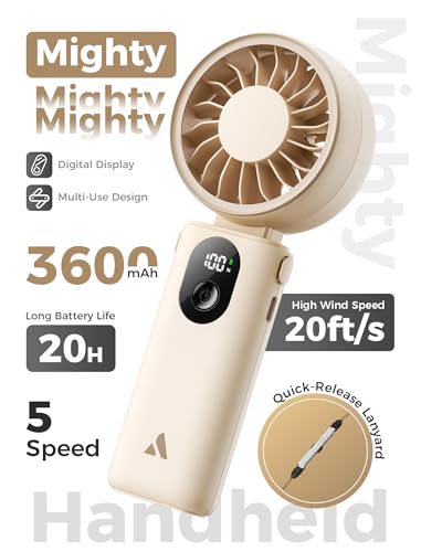 Aecooly Mighty Portable Handheld Fan, 3-in-1 Powerful Hand Fan Rechargeable [20H Max Cooling Time], 5-Speed Digital Display, Mini Personal Hand Held Fan for Summer, Travel, Gifts for Women - Beige