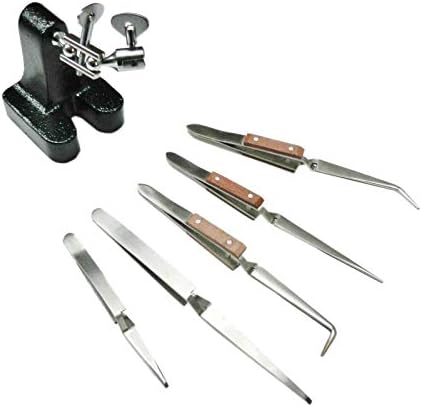 Heavy Third Hand Base w/ 5 Cross Locking Stainless Steel Tweezers Jewelry Tool