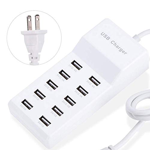 USB Rapid Charger10-Port Family-Sized USB Wall Charger with Rapid Charging Auto Detect Technology Safety Guaranteed Smart USB Ports for Multiple Devices Smart Phone Tablet Laptop Computer