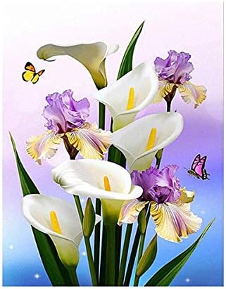 Lily Flowers Butterfly, Full Drills DIY 5D Diamond Painting by Number Kits, Shiny Rhinestone Embroidery Pictures Arts Craft