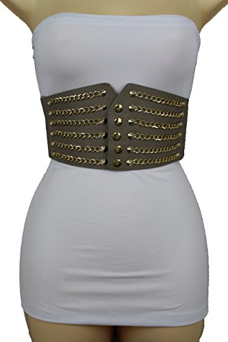 TFJ Women Fashion Corset Belt Wide Waist Gray Faux Leather S M Gold Chains