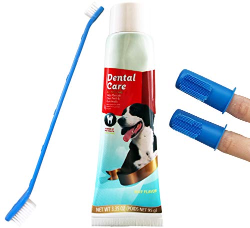 Dog Teeth Cleaning Set with Beef Flavored CET Toothpaste for Dogs Best Dog Toothbrush Set Includes 2 Puppy Finger Toothbrushes and Dual-Headed Toothbrush for Large and Small Dogs