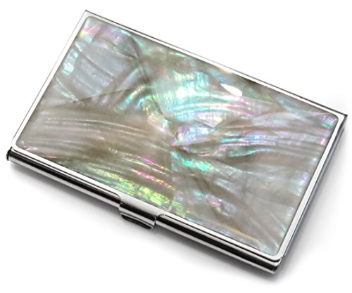 Business-Card-Holder-Id-Case-Metal-Travel-Mini-Wallet-Mother-of-Pearl-Beige-Silver-Fractal