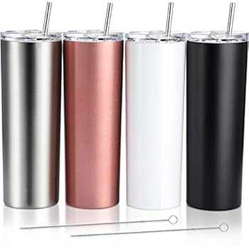 4 Pack Classic Tumbler Stainless Steel Double-Insulated Water Tumbler Cup with Lid and Straw Vacuum Travel Mug Gift with Cleaning Brush (Rose Gold/Black/White/Stainless, 20 oz)