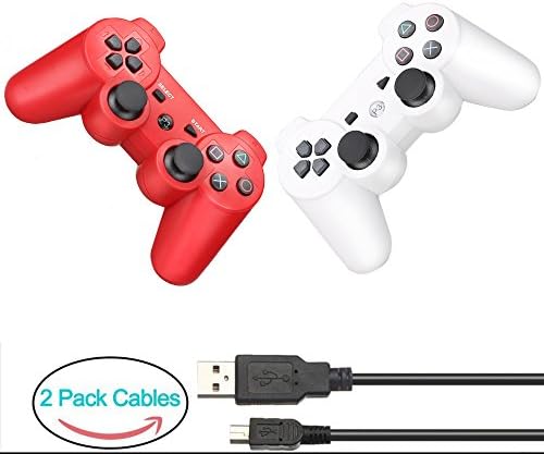 YOUCable PS3 Controller with 2 Packs Charger Cable Wireless Playstation 3 Remote Dualshock Bluetooth Gamepad (Red+White)