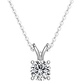MSBLUE 1ct Round Moissanite Solitaire V-Bale Pendant Necklace, Sterling Silver with 14K White Gold Vermeil, Rhodium Finish