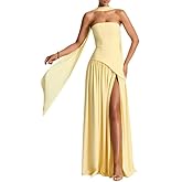 vintys Yellow Strapless Halter Satin Bridesmaid Dresses with Scarf 2025 Pleated Formal Wedding Guest Dress Maxi Dress Size 24