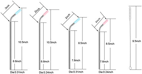 Stainless Steel Straws Set of 8 Reusable Drinking Straws for 30oz 20oz Tumbler 10.5’’ 8.5’’ Diameter 0.24’’ 0.31’’ with 8 Silicone Tips 2 Cleaning Brushes and Pouch(4 Bent 4 Straight) (8.5'' 10.5'')