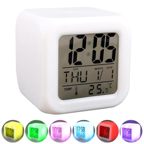 HATFRYF Digital Alarm Clock, Kids Alarm Clock with 7 LED Color Changing Night Light, Snooze, Temperature, Calendar, Music, Battery Operated, Gifts for Kids Adults